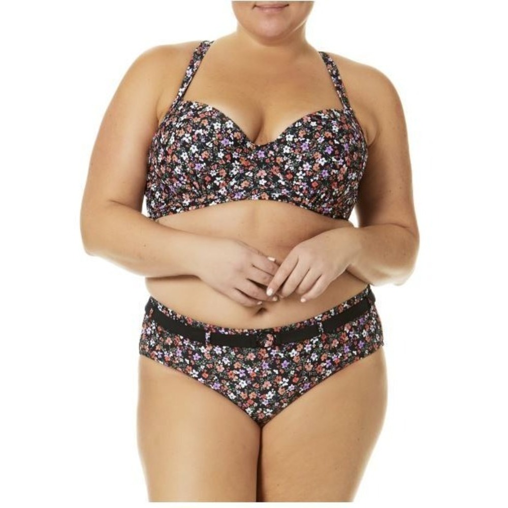NEW Time and Tru Black Floral Belted swim‎ Bikini Bottom Plus Size 2X (20W-22W)